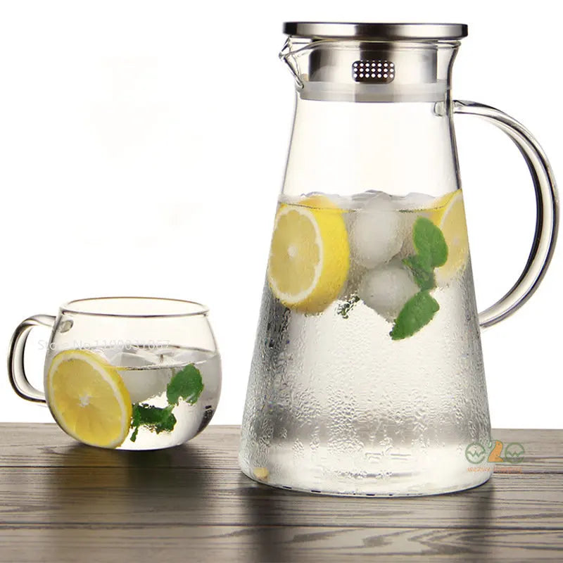 1.8L Heat Resistant Clear Glass Pitcher with Lid Large Iced Tea Water Pitcher Borosilicate Glass Jug with Stainless Steel Lid