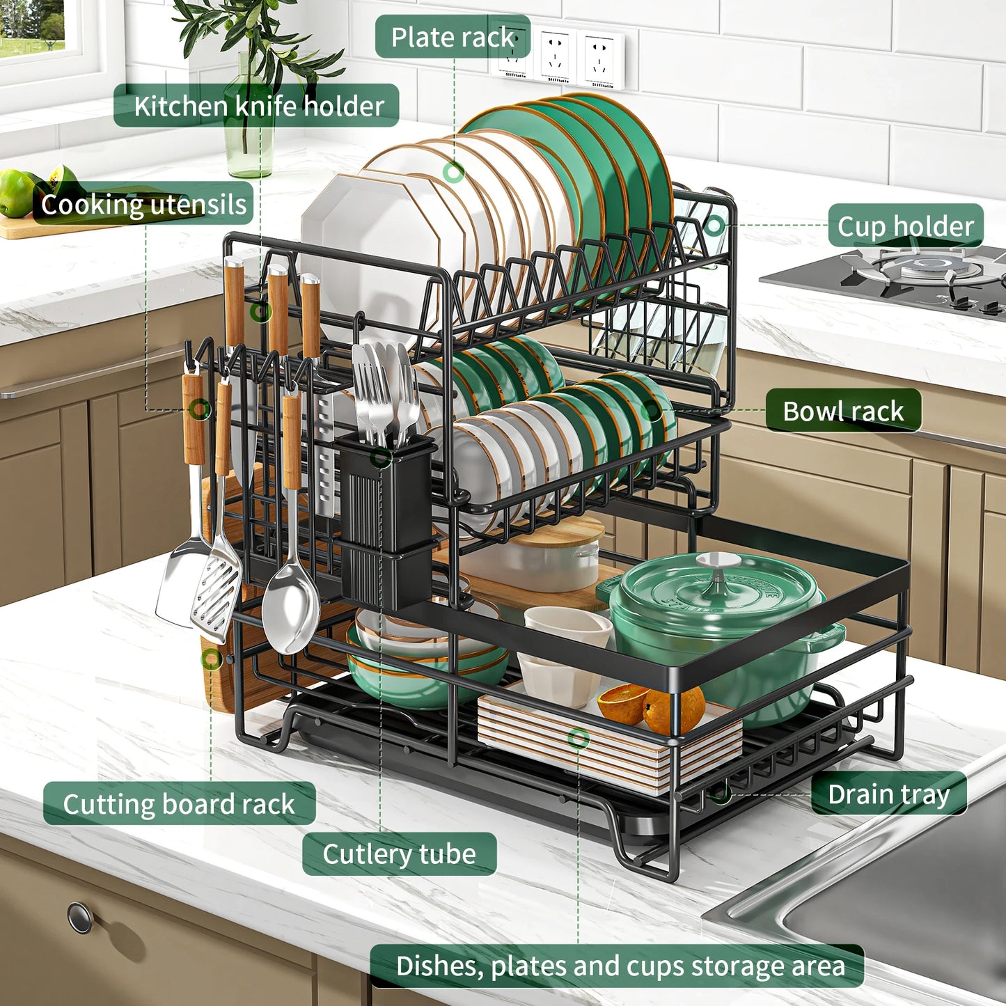 dish drying rack,large-capacity cutlery holder,with drain tray, hooks, cutting board holder,kitchen countertop storage rack