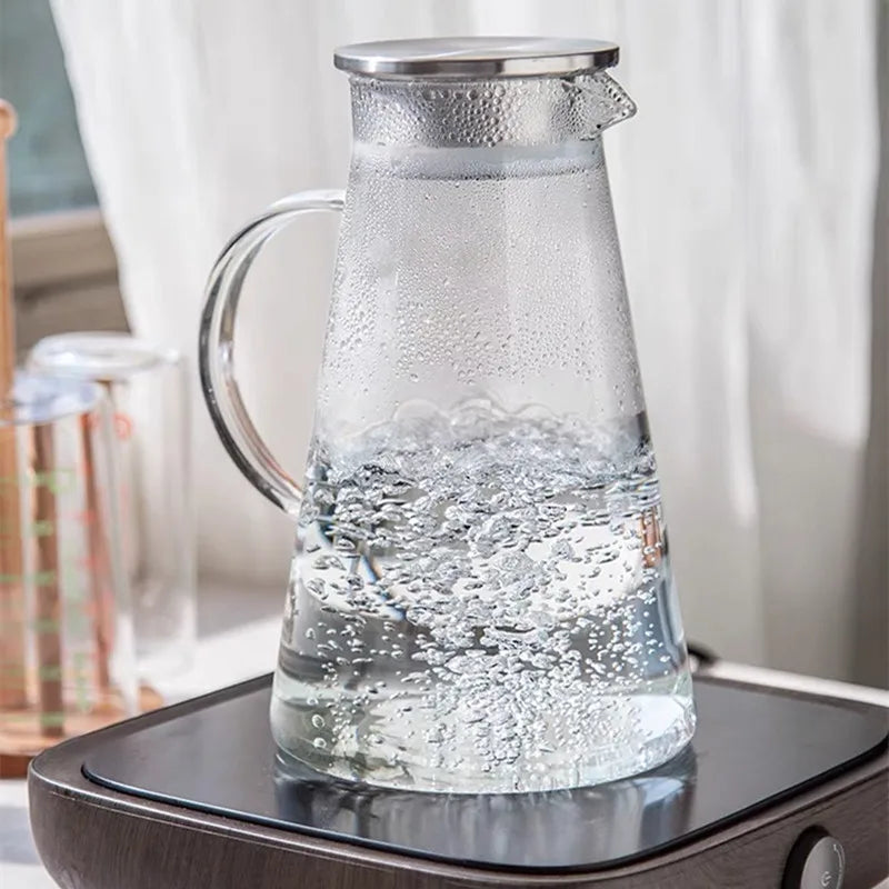 1.8L Heat Resistant Clear Glass Pitcher with Lid Large Iced Tea Water Pitcher Borosilicate Glass Jug with Stainless Steel Lid