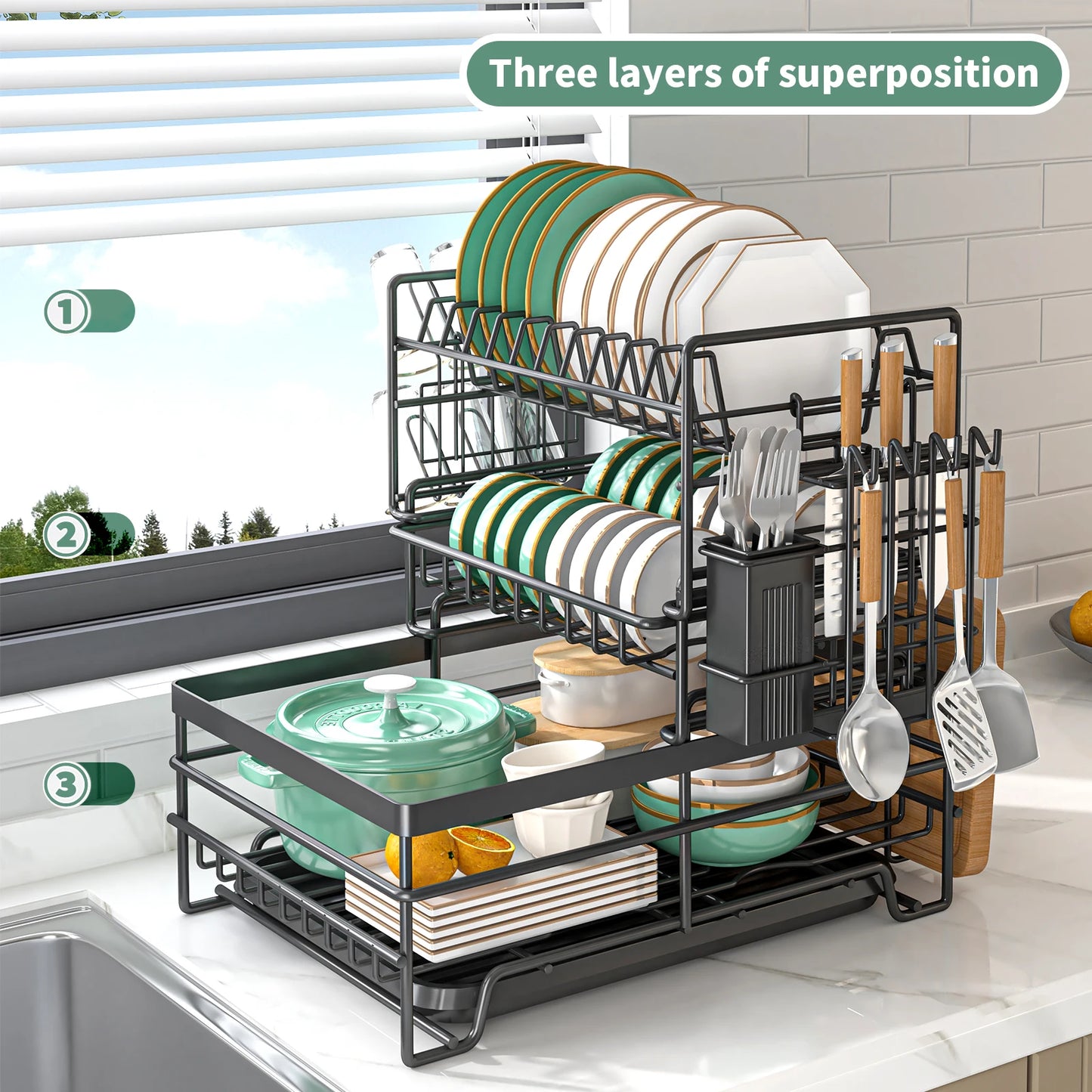 dish drying rack,large-capacity cutlery holder,with drain tray, hooks, cutting board holder,kitchen countertop storage rack