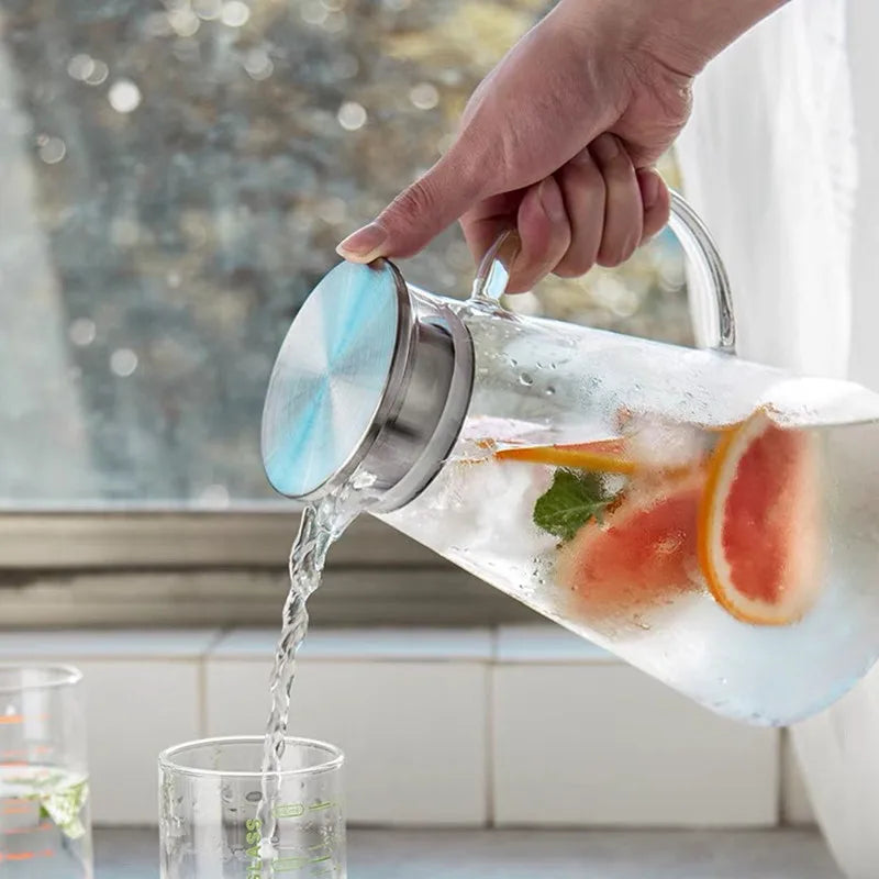 1.8L Heat Resistant Clear Glass Pitcher with Lid Large Iced Tea Water Pitcher Borosilicate Glass Jug with Stainless Steel Lid
