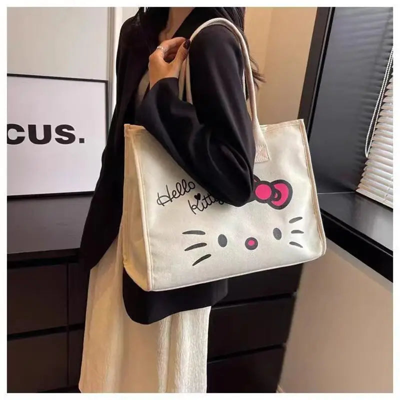 Kawaii Hello Kitty Shoulder Bag for Girls Y2K Hello Kitty Canvas Tote Bag Portable Business Package Fashion Big Laptop Bag Gifts