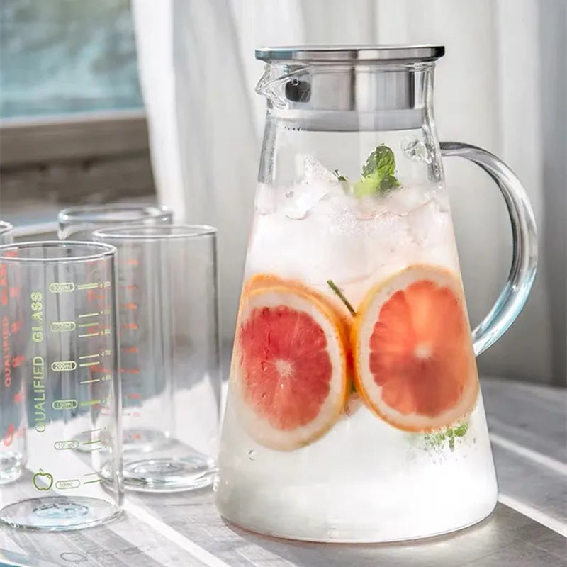 1.8L Heat Resistant Clear Glass Pitcher with Lid Large Iced Tea Water Pitcher Borosilicate Glass Jug with Stainless Steel Lid