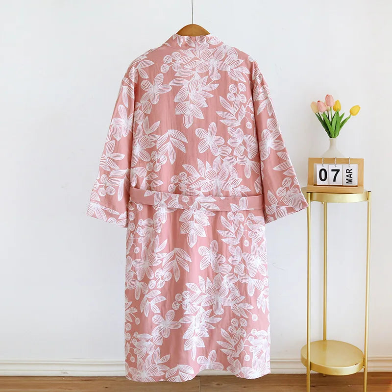 2024 Japanese Kimono Women's New 100% Cotton Loose Bathrobe Lace up Kimono Bathrobe Sweat Steaming Gown Pajama Ladies Sleepwear