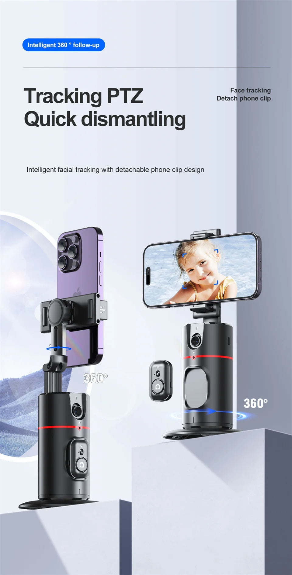 FANGTUOSI Stabilizer Smart Facial Tracking with Removable Fill Light Phone Stand Wireless Selfie Stick Tripod for Live Streaming