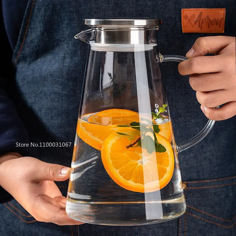 1.8L Heat Resistant Clear Glass Pitcher with Lid Large Iced Tea Water Pitcher Borosilicate Glass Jug with Stainless Steel Lid