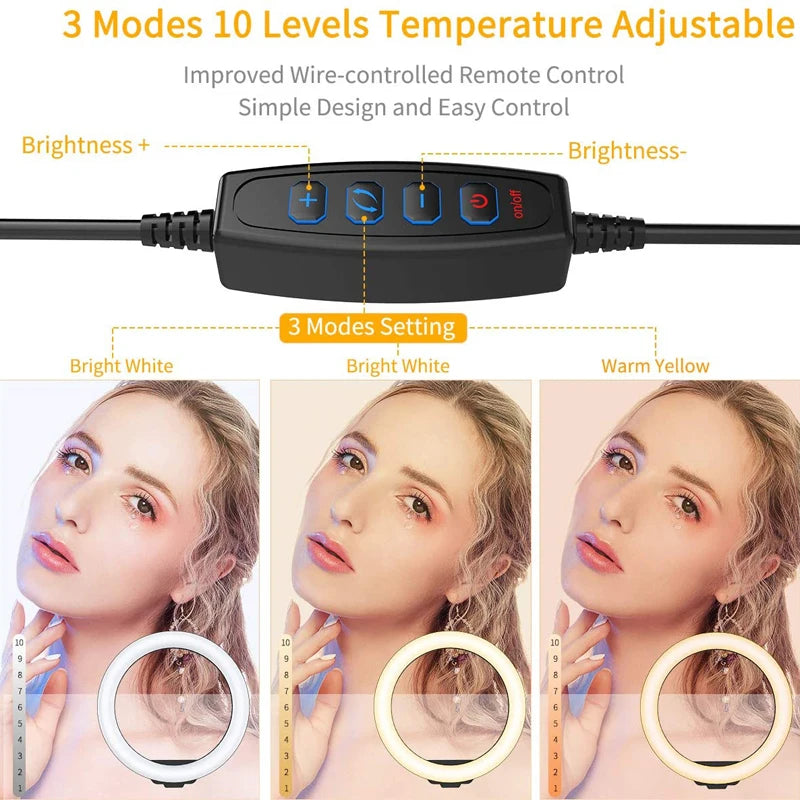 10 inch LED Ring Light with Mini Tripod 26cm LED Round Photography Fill Light Remote Dimmable for Tiktok YouTube Live Video Lamp