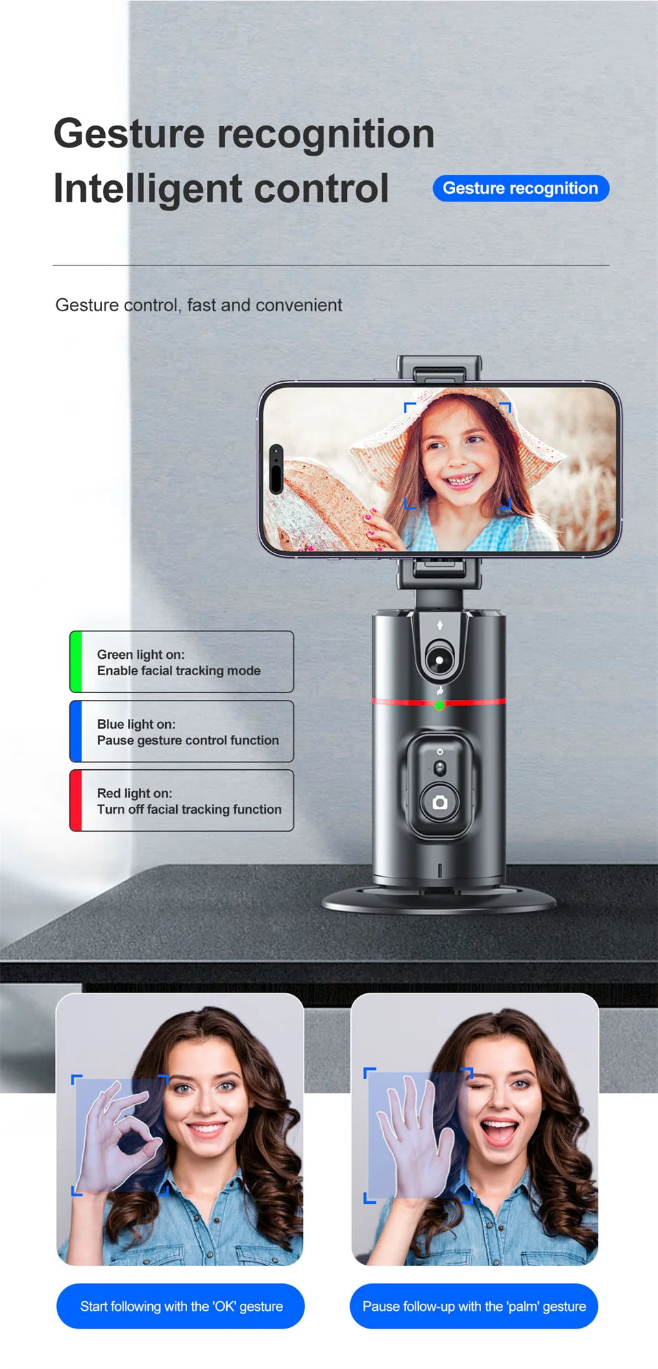 FANGTUOSI Stabilizer Smart Facial Tracking with Removable Fill Light Phone Stand Wireless Selfie Stick Tripod for Live Streaming