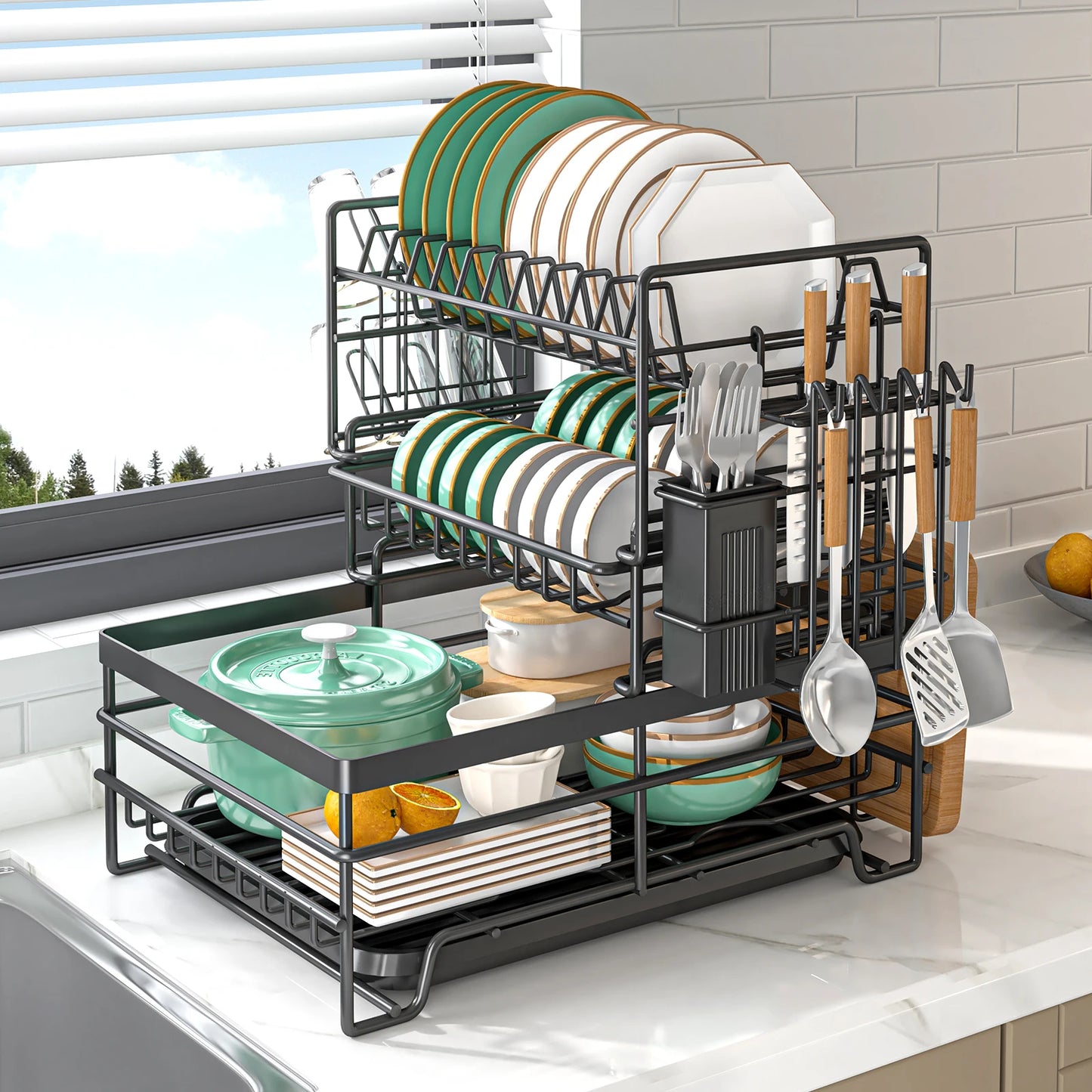 dish drying rack,large-capacity cutlery holder,with drain tray, hooks, cutting board holder,kitchen countertop storage rack