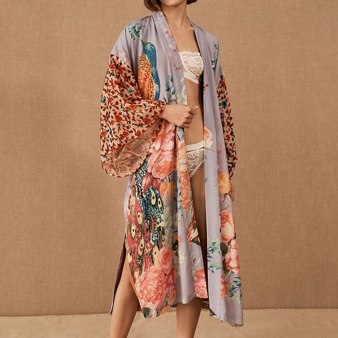 Peacock print Bikini Cover-ups Boho Peacock Floral Print Front Open Long Kimono Beach Dress Cardigan Women Swim Suit Cover Up