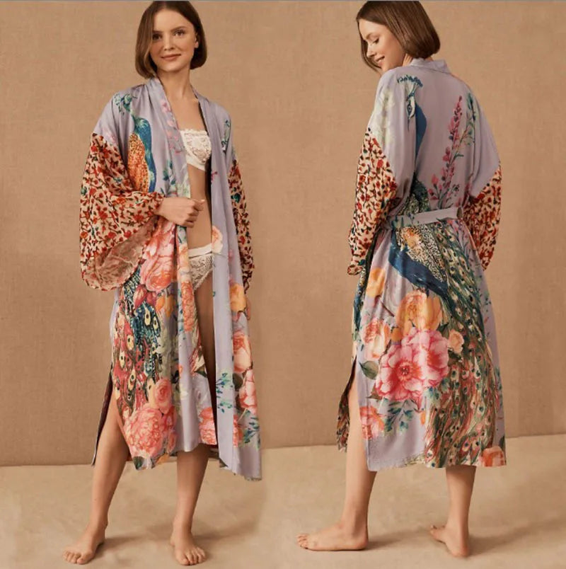 Peacock print Bikini Cover-ups Boho Peacock Floral Print Front Open Long Kimono Beach Dress Cardigan Women Swim Suit Cover Up