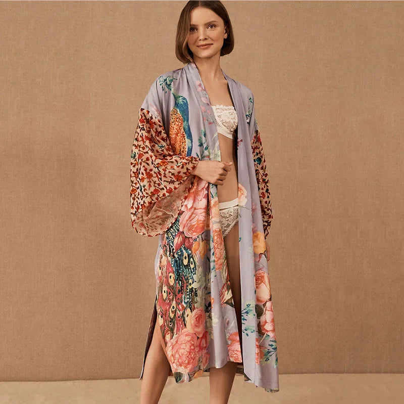 Peacock print Bikini Cover-ups Boho Peacock Floral Print Front Open Long Kimono Beach Dress Cardigan Women Swim Suit Cover Up