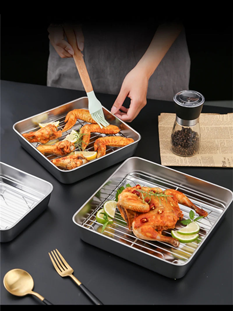 Square Stainless Steel Deepening Baking Tray Nonstick Cookie Bread Fruit Storage Plate with Grid Draining Dish Kitchen Utensils