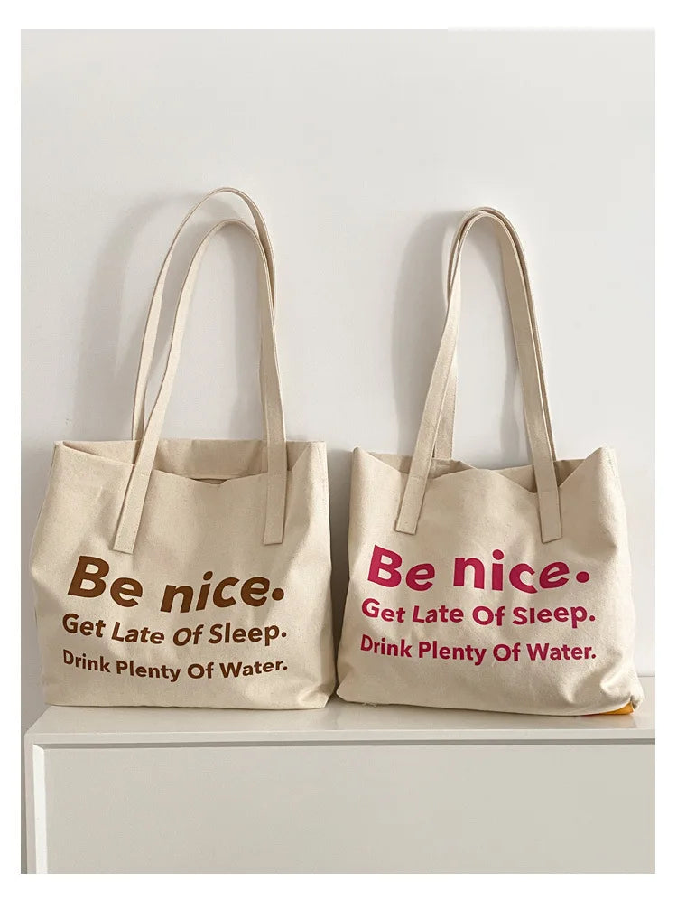 Casual BE NICE Letter Canvas Tote Beach Bags for Women Summer Shopping Purses 2023 New Big Capacity Striped Shoulder Bag