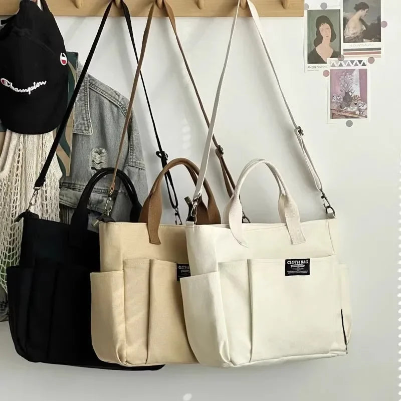 New Urban Minimalist Female Student Large Capacity Commuting Horizontal Canvas Single Shoulder Diagonal Cross Portable Tote Bag