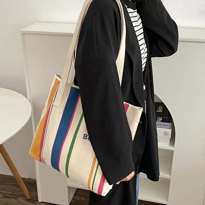 Casual BE NICE Letter Canvas Tote Beach Bags for Women Summer Shopping Purses 2023 New Big Capacity Striped Shoulder Bag