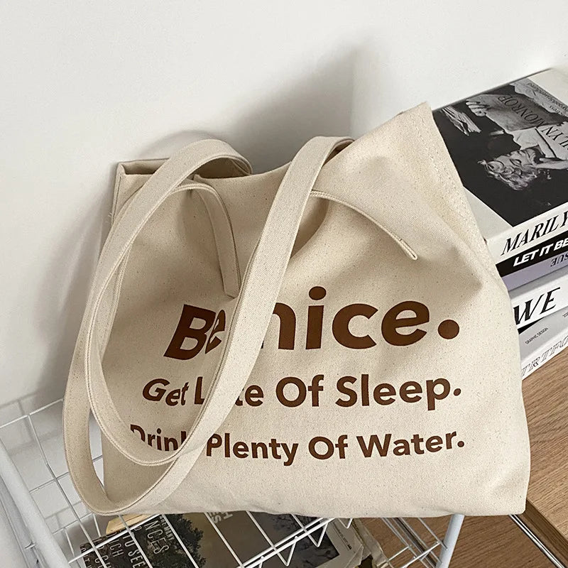 Casual BE NICE Letter Canvas Tote Beach Bags for Women Summer Shopping Purses 2023 New Big Capacity Striped Shoulder Bag