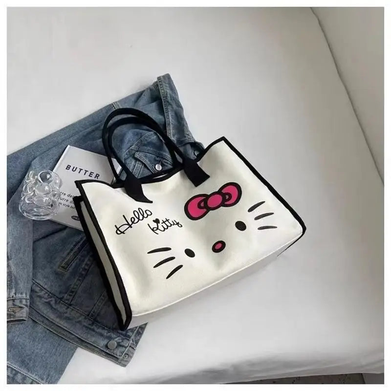Kawaii Hello Kitty Shoulder Bag for Girls Y2K Hello Kitty Canvas Tote Bag Portable Business Package Fashion Big Laptop Bag Gifts