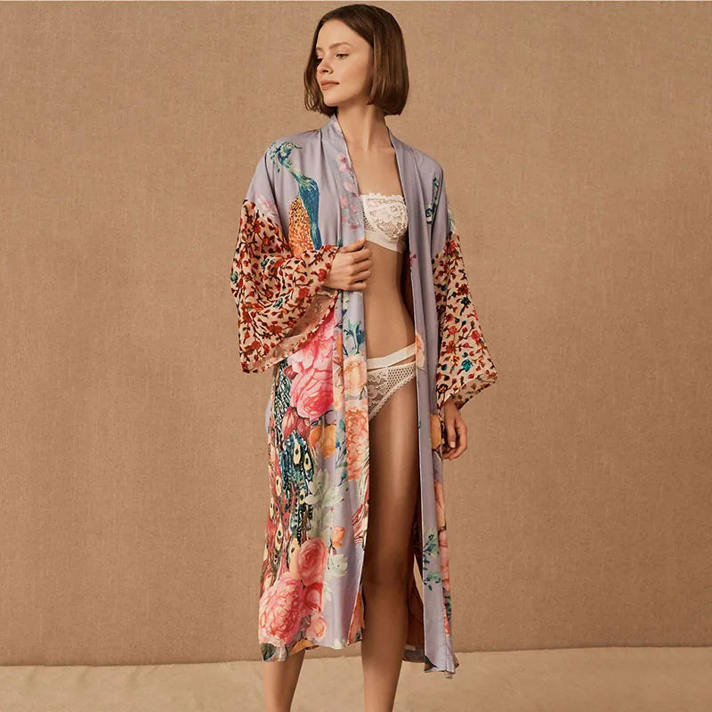 TEELYNN Cotton Kimono Cardigan Women Long Blouse Dresses 2022 Vintage Peacock Printed Summer Robe Tunic Tops Boho Beach Cover Up