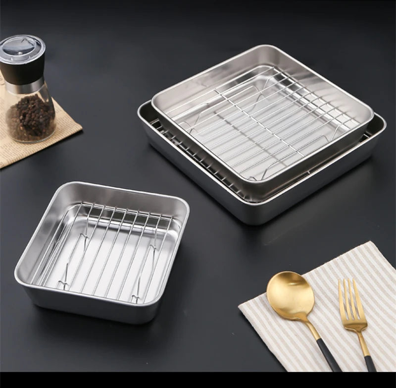Square Stainless Steel Deepening Baking Tray Nonstick Cookie Bread Fruit Storage Plate with Grid Draining Dish Kitchen Utensils