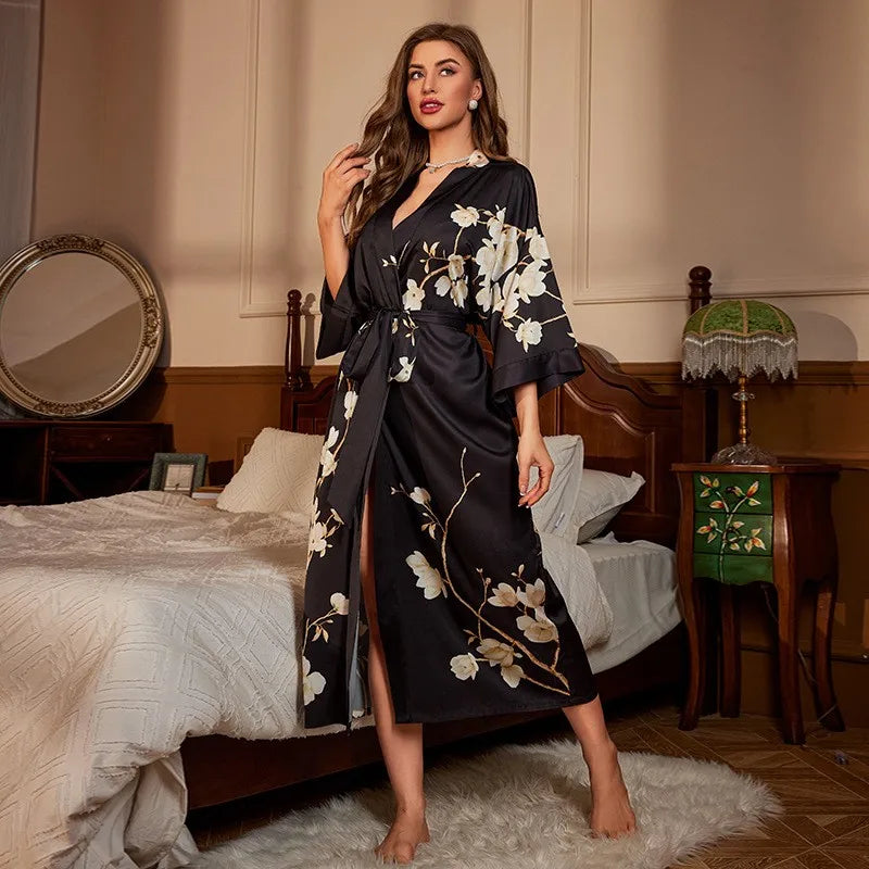 Large Size Bathrobe Kimono Print Women Bath Robe Nightgown Spring Summer Silky Satin Sleepwear Casual Dressing Gown Nightdress