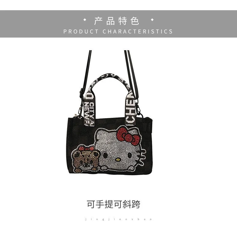 New Sanrio Hello Kitty Y2K Messenger Bag Girl Cute Cartoon Rhinestone Casual Versatile Handbag Canvas Tote Bag Holiday Gifts