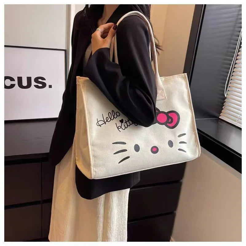 Kawaii Hello Kitty Shoulder Bag for Girls Y2K Hello Kitty Canvas Tote Bag Portable Business Package Fashion Big Laptop Bag Gifts