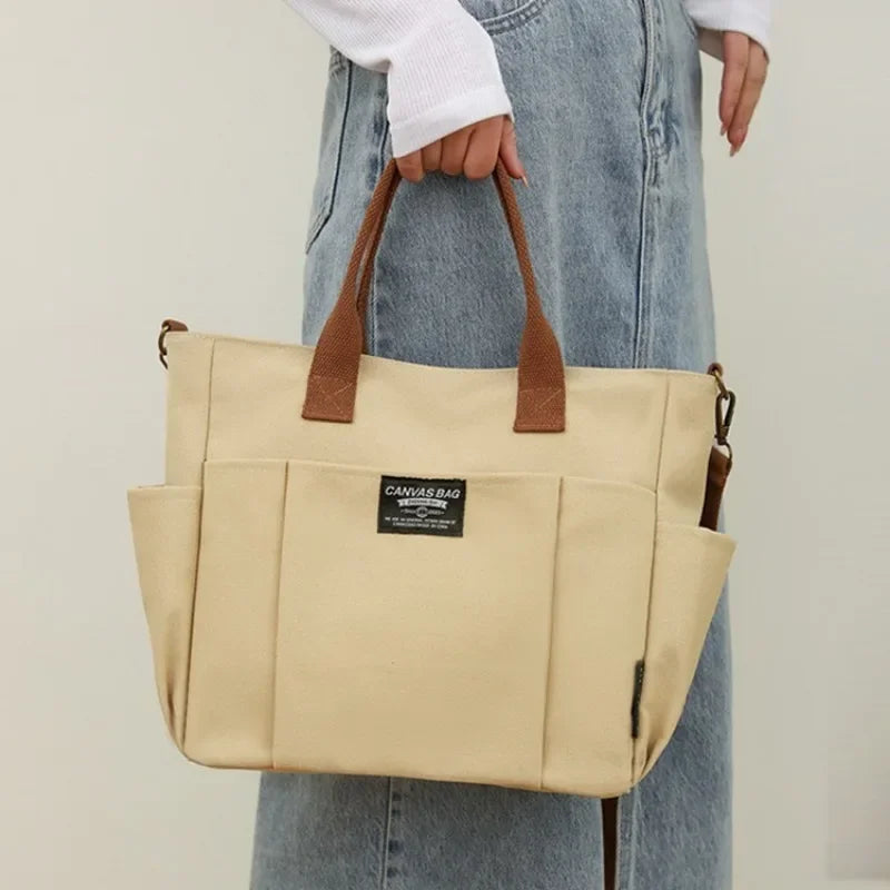 New Urban Minimalist Female Student Large Capacity Commuting Horizontal Canvas Single Shoulder Diagonal Cross Portable Tote Bag
