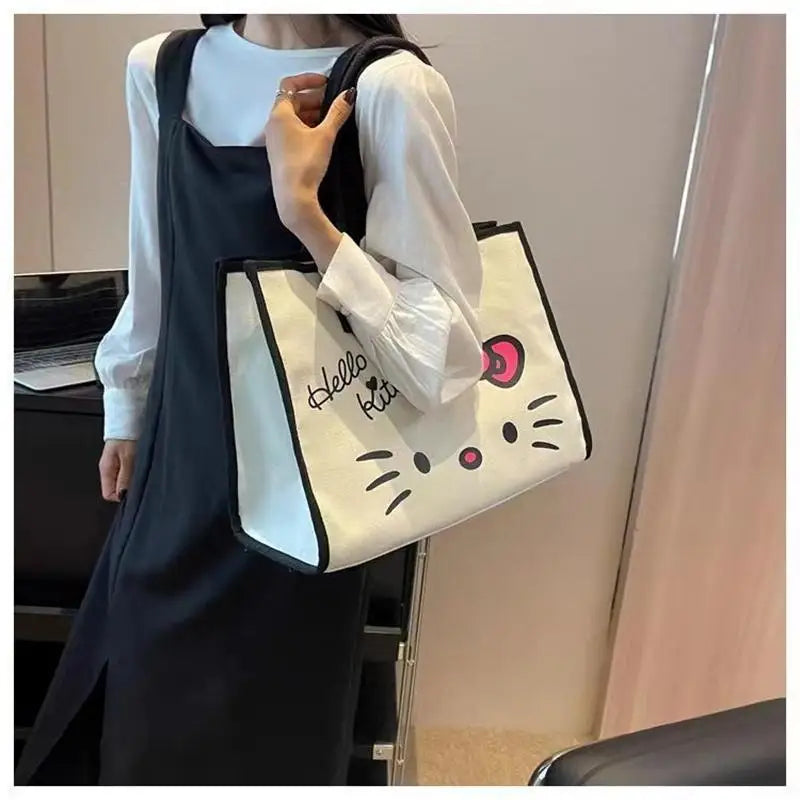Kawaii Hello Kitty Shoulder Bag for Girls Y2K Hello Kitty Canvas Tote Bag Portable Business Package Fashion Big Laptop Bag Gifts