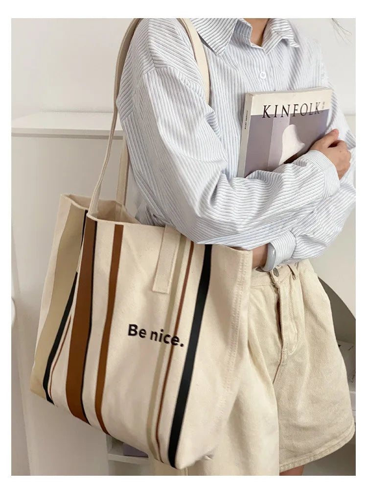 Casual BE NICE Letter Canvas Tote Beach Bags for Women Summer Shopping Purses 2023 New Big Capacity Striped Shoulder Bag