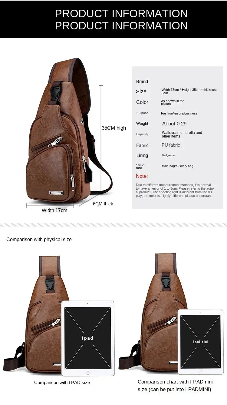 2024 Men's USB Charging Men's Chest for Custom PU PVC Shoulder Bag Diagonal Package Messenger Travel Bag Cross Body Bags