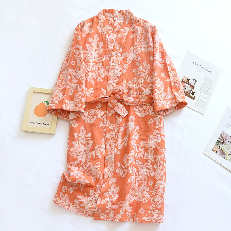2024 Japanese Kimono Women's New 100% Cotton Loose Bathrobe Lace up Kimono Bathrobe Sweat Steaming Gown Pajama Ladies Sleepwear