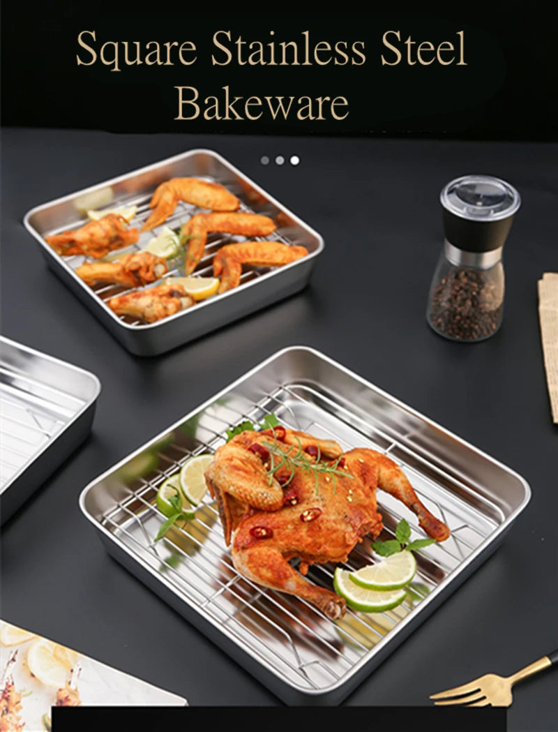 Square Stainless Steel Deepening Baking Tray Nonstick Cookie Bread Fruit Storage Plate with Grid Draining Dish Kitchen Utensils