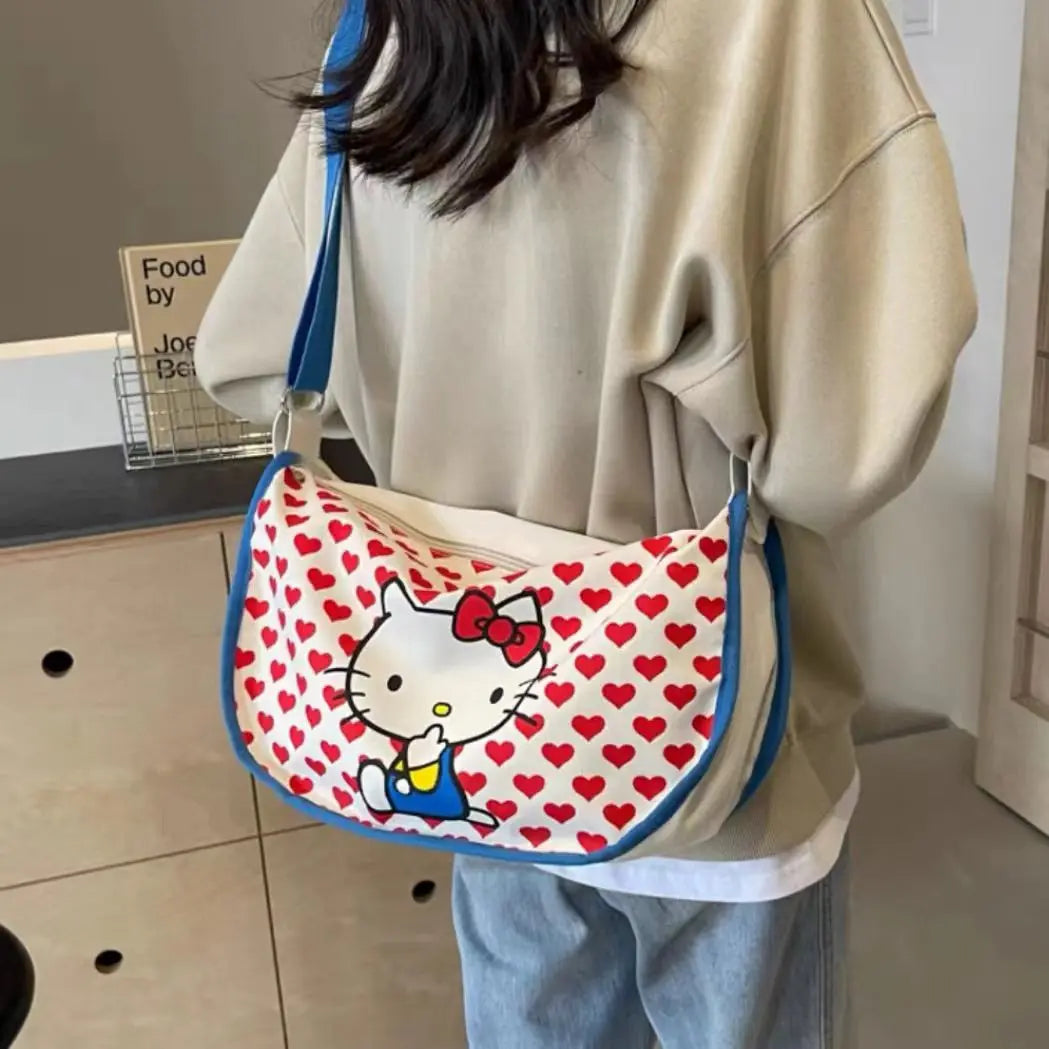 Hello Kitty Women's Tote Bag Sanrio Anime Underarm Bag Sweet Cute Portable HandBag Large Capacity Fashion Canvas Shoulder Bag ﻿