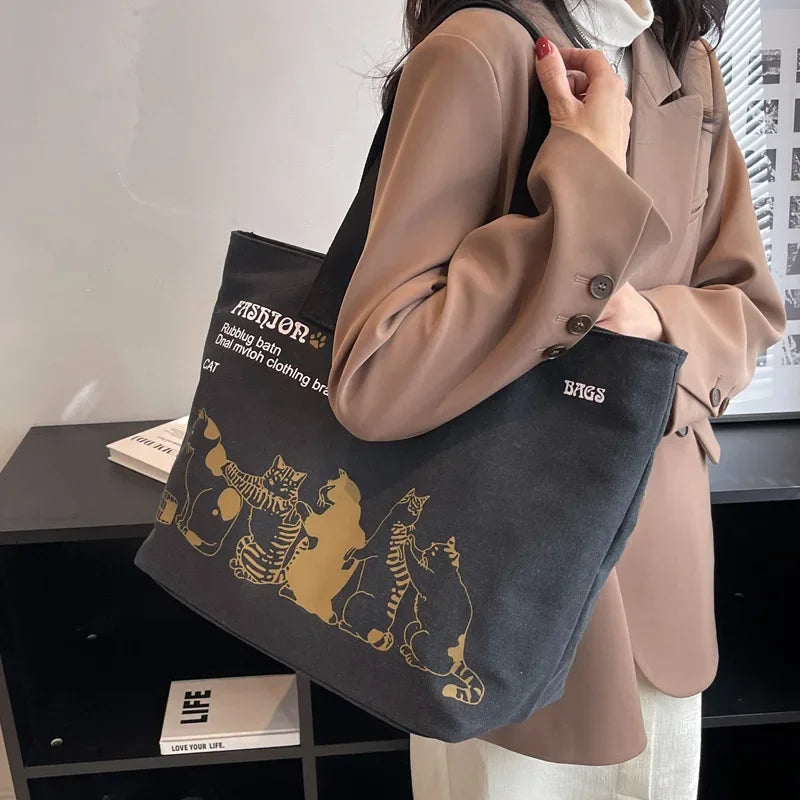 Large Tote for Women Shopping Storage Commute Canvas Handbag Cartoon Cat Printed Totes Portable Leisure Big Bag Shoulder Bags