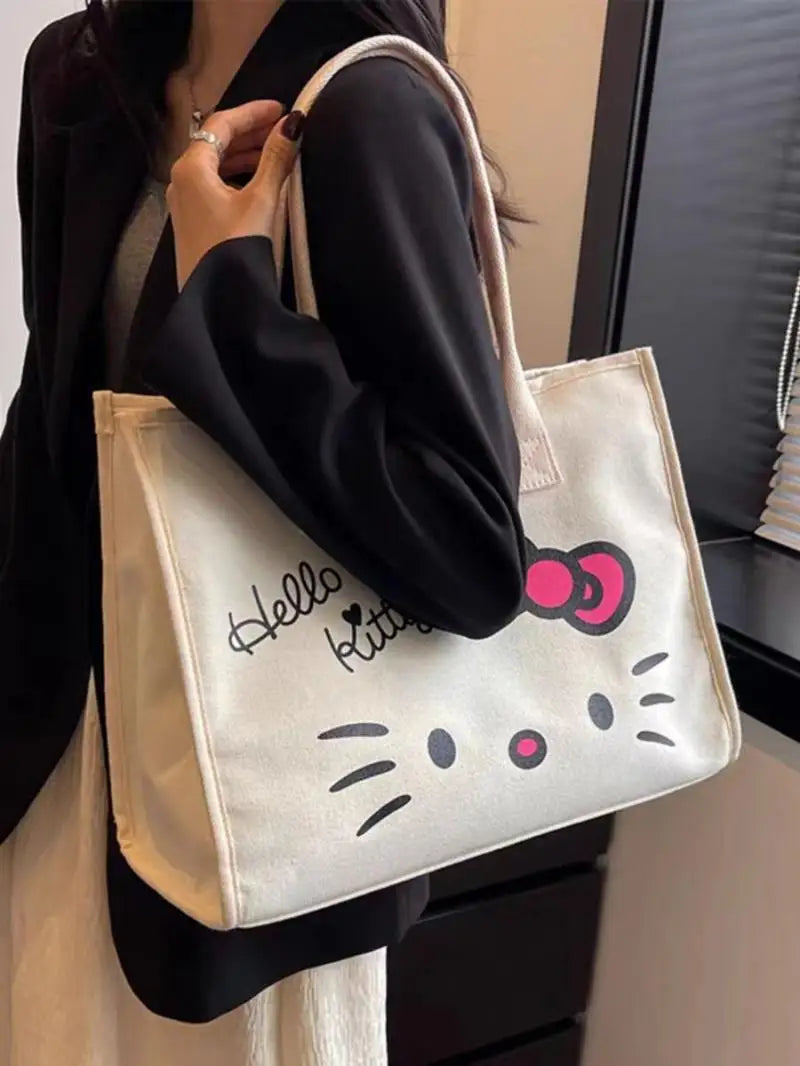 Kawaii Hello Kitty Shoulder Bag for Girls Y2K Hello Kitty Canvas Tote Bag Portable Business Package Fashion Big Laptop Bag Gifts