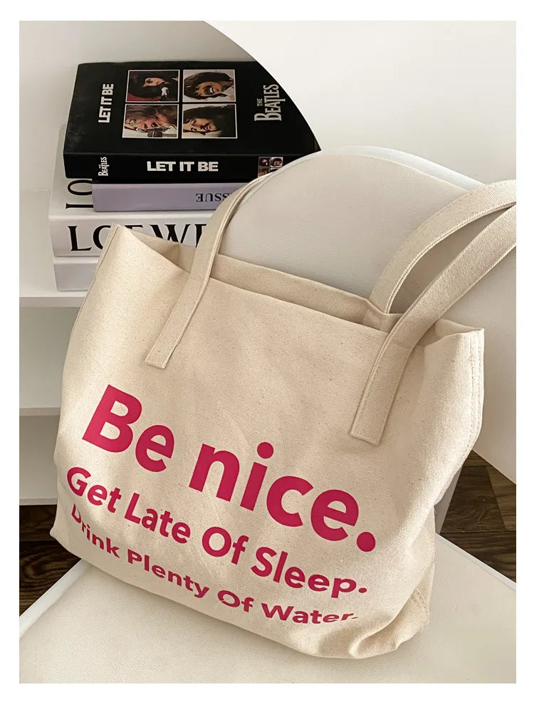 Casual BE NICE Letter Canvas Tote Beach Bags for Women Summer Shopping Purses 2023 New Big Capacity Striped Shoulder Bag