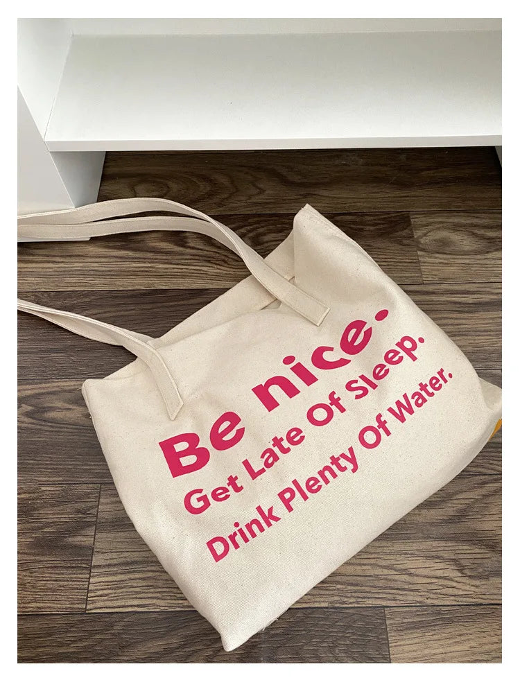 Casual BE NICE Letter Canvas Tote Beach Bags for Women Summer Shopping Purses 2023 New Big Capacity Striped Shoulder Bag