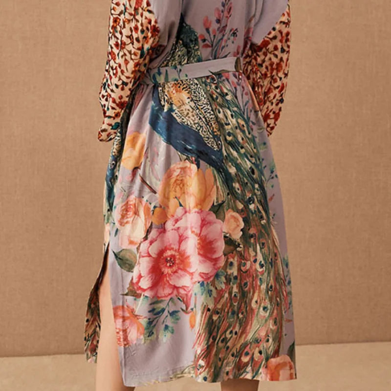 TEELYNN Cotton Kimono Cardigan Women Long Blouse Dresses 2022 Vintage Peacock Printed Summer Robe Tunic Tops Boho Beach Cover Up