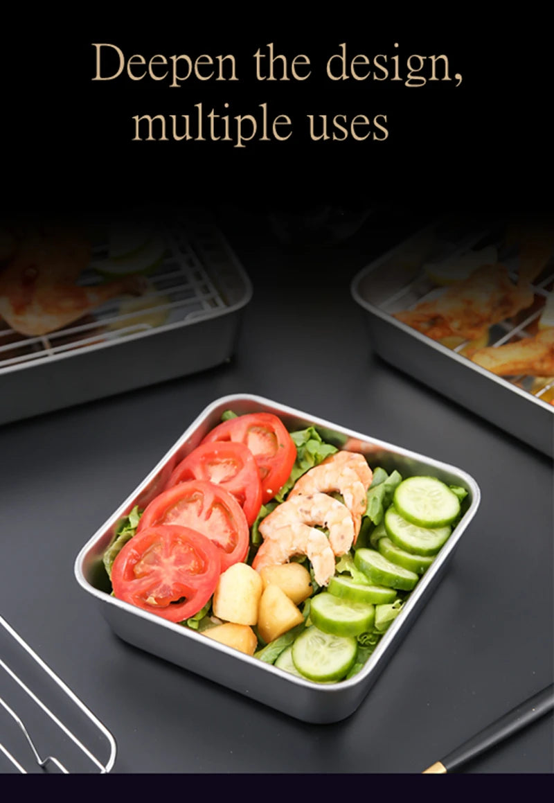 Square Stainless Steel Deepening Baking Tray Nonstick Cookie Bread Fruit Storage Plate with Grid Draining Dish Kitchen Utensils