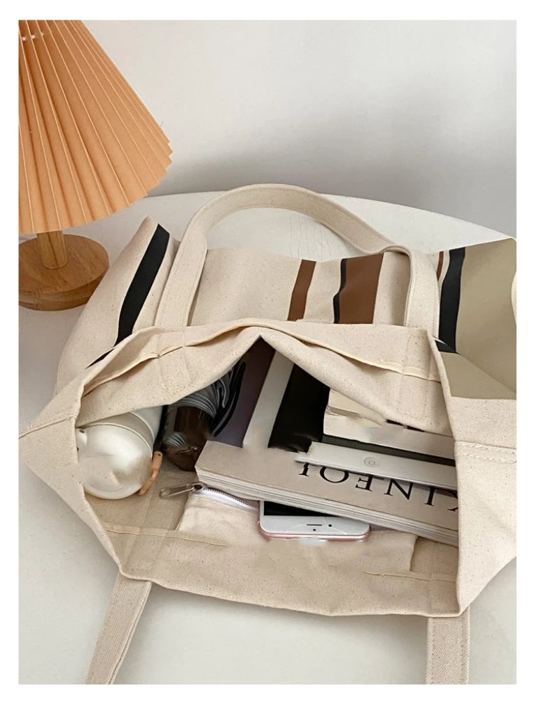 Casual BE NICE Letter Canvas Tote Beach Bags for Women Summer Shopping Purses 2023 New Big Capacity Striped Shoulder Bag
