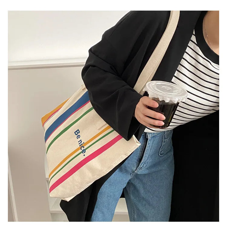 Casual BE NICE Letter Canvas Tote Beach Bags for Women Summer Shopping Purses 2023 New Big Capacity Striped Shoulder Bag