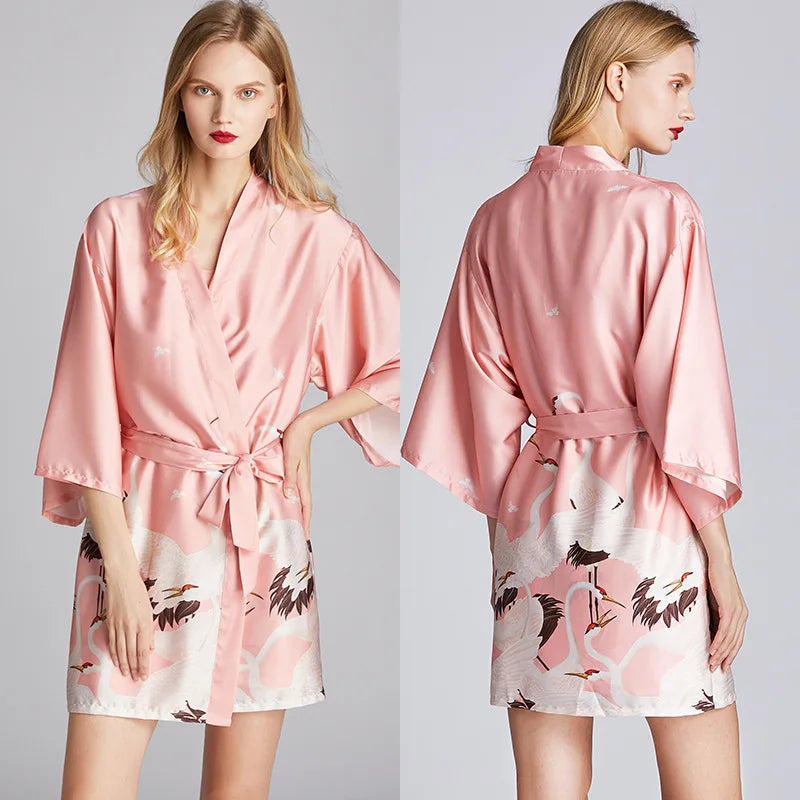 Women Robe Kimono Bathrobe Navy Blue Print Nightgown Sleepwear Silky Soft Satin Nightwear Sexy Short Nightdress Casual Homewear