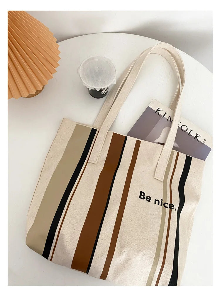 Casual BE NICE Letter Canvas Tote Beach Bags for Women Summer Shopping Purses 2023 New Big Capacity Striped Shoulder Bag