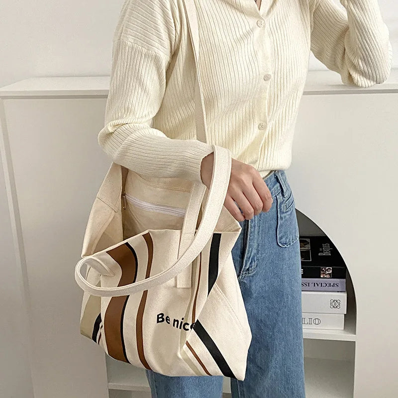 Casual BE NICE Letter Canvas Tote Beach Bags for Women Summer Shopping Purses 2023 New Big Capacity Striped Shoulder Bag