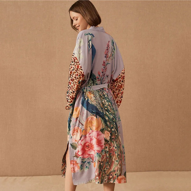 TEELYNN Cotton Kimono Cardigan Women Long Blouse Dresses 2022 Vintage Peacock Printed Summer Robe Tunic Tops Boho Beach Cover Up