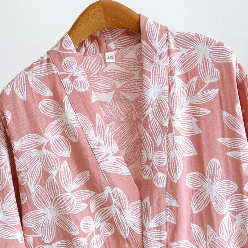 2024 Japanese Kimono Women's New 100% Cotton Loose Bathrobe Lace up Kimono Bathrobe Sweat Steaming Gown Pajama Ladies Sleepwear