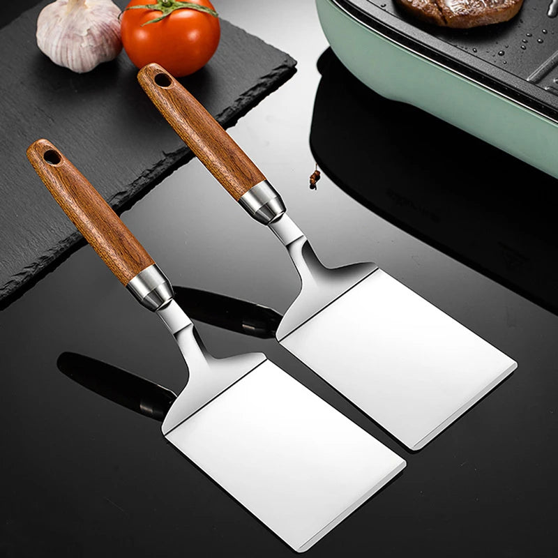 Stainless Steel BBQ Plate Grill Scraper Pancake Spatula With Wood Handle