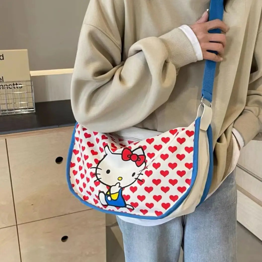 Hello Kitty Women's Tote Bag Sanrio Anime Underarm Bag Sweet Cute Portable HandBag Large Capacity Fashion Canvas Shoulder Bag ﻿