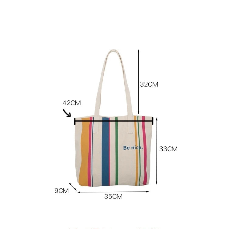 Casual BE NICE Letter Canvas Tote Beach Bags for Women Summer Shopping Purses 2023 New Big Capacity Striped Shoulder Bag